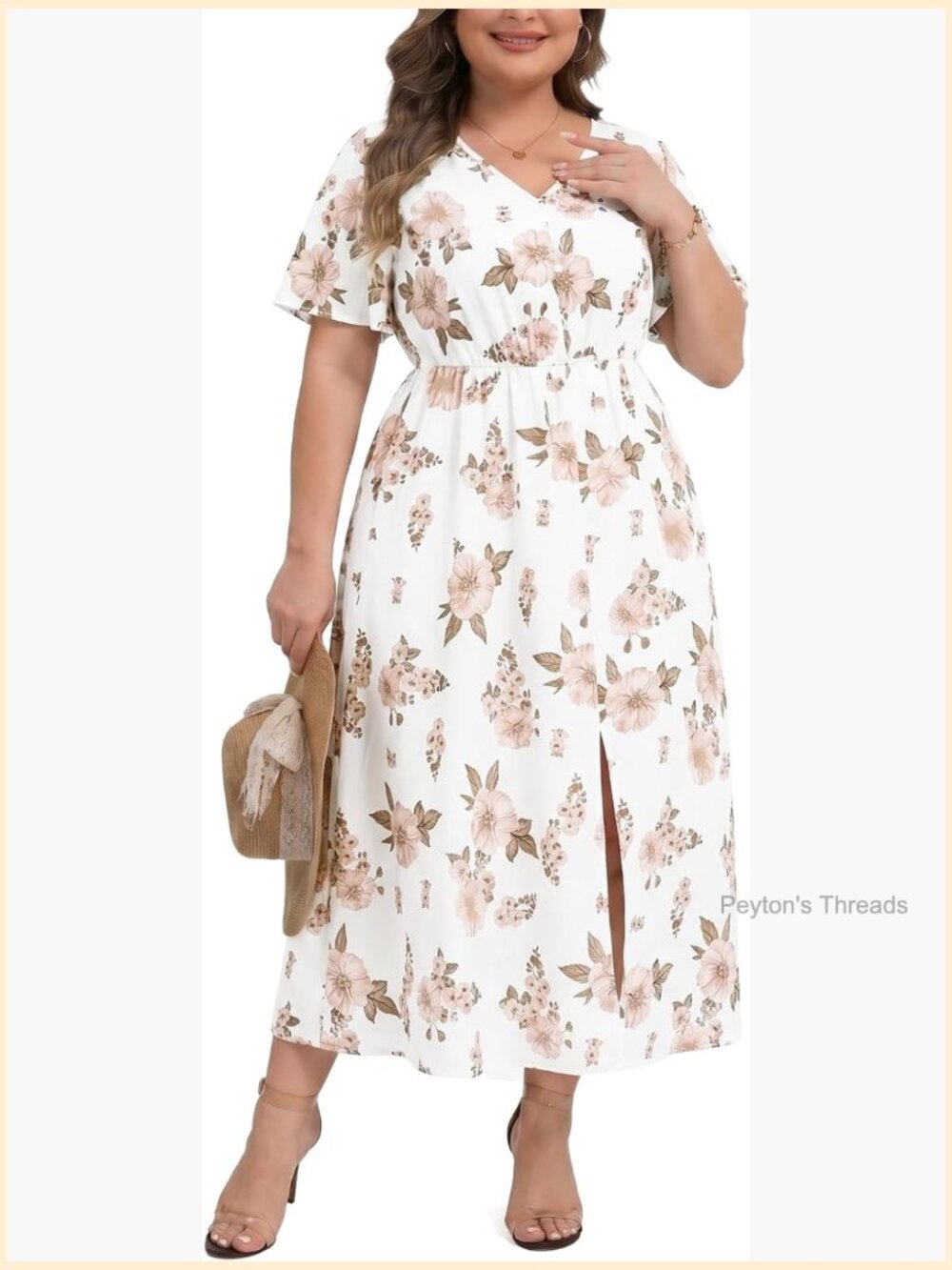 Plus Size Midi Dress Short Sleeve Elastic Waist A-Line V Neck Casual Loose